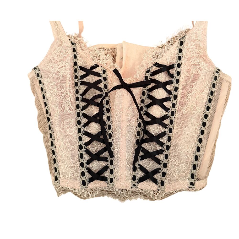 Victoria's Secret Pink w/Black Ribbon Bustier Top Adjustable Straps Size Small